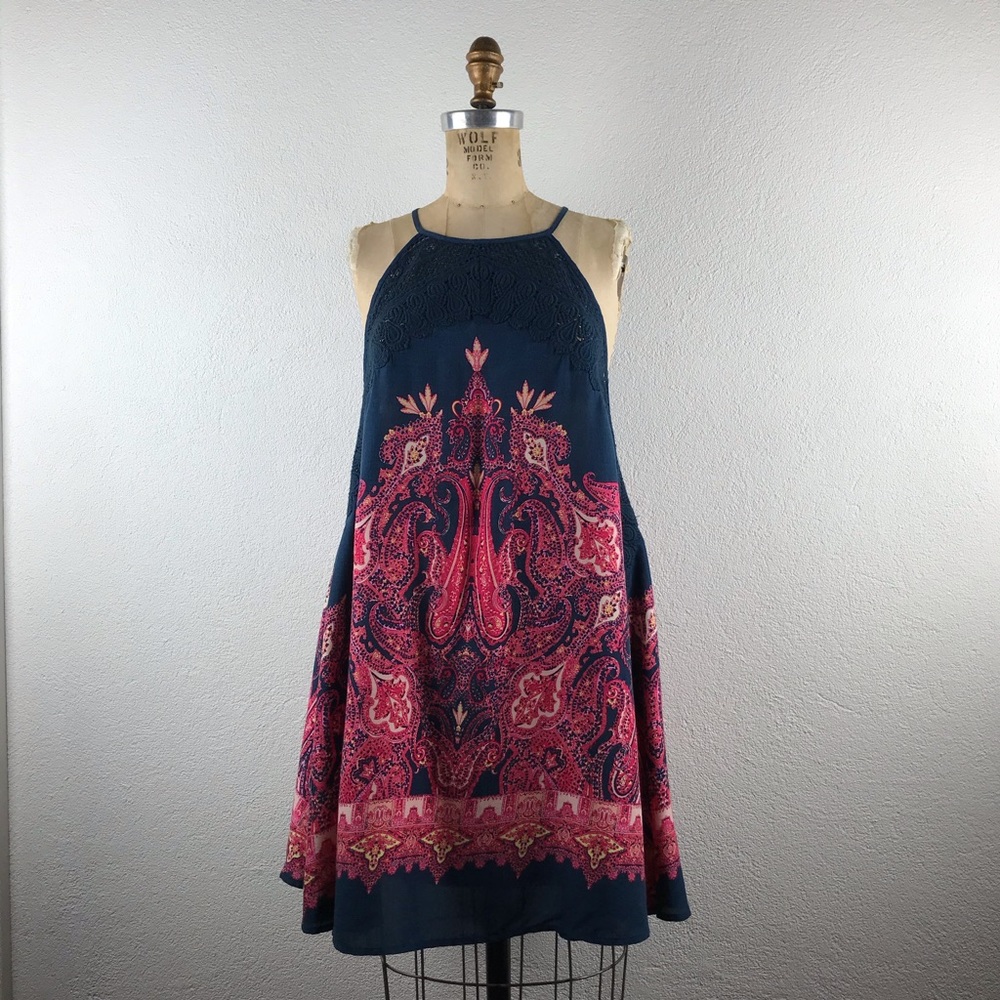 Free People l S Navy Pink Crochet Lace Halter Swing Boho Festival Dress Tunic